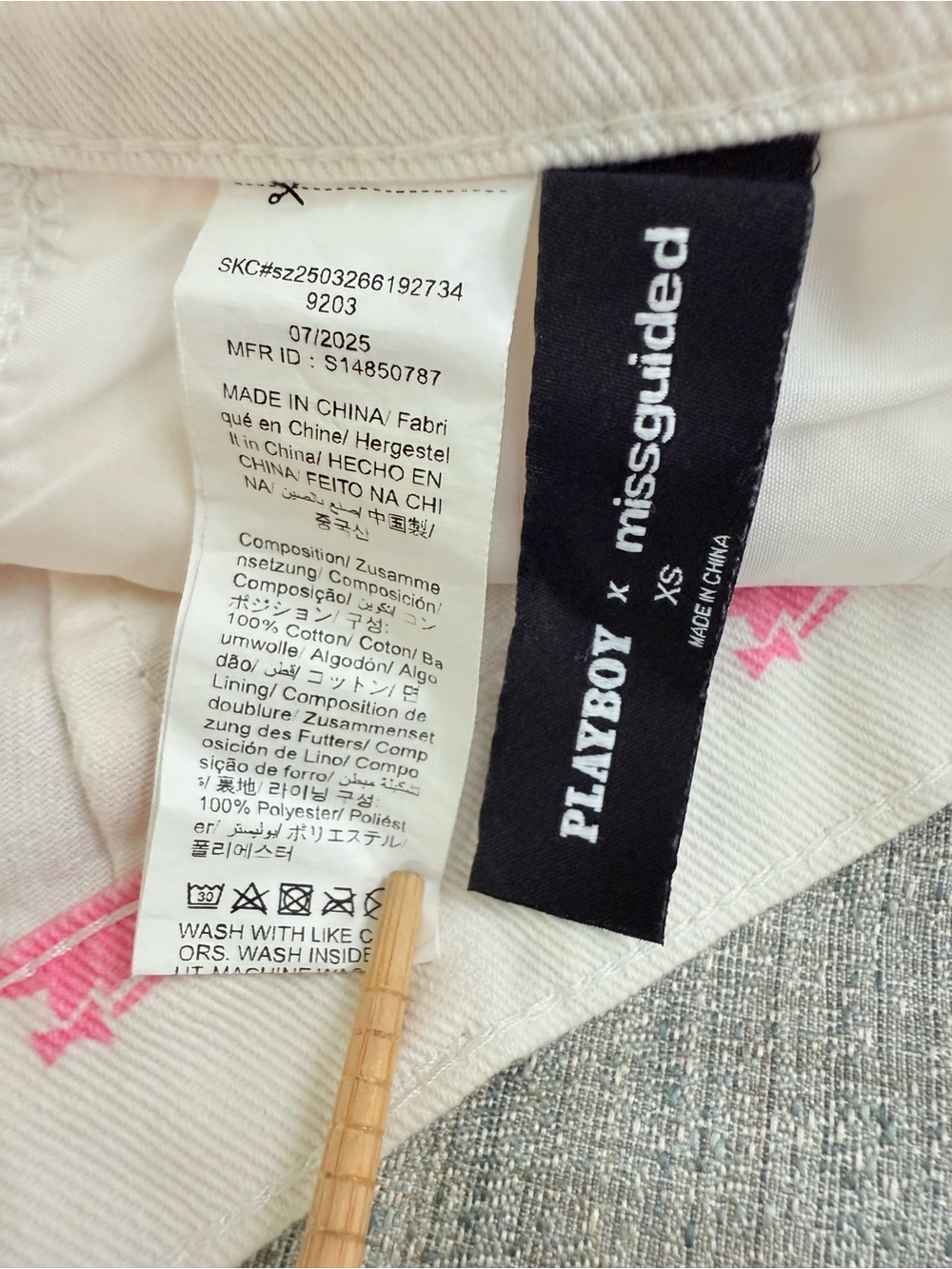 Playboy x Missguided White Pink Bunny Print Denim Mini Skirt Size XS - Picture 5 of 5